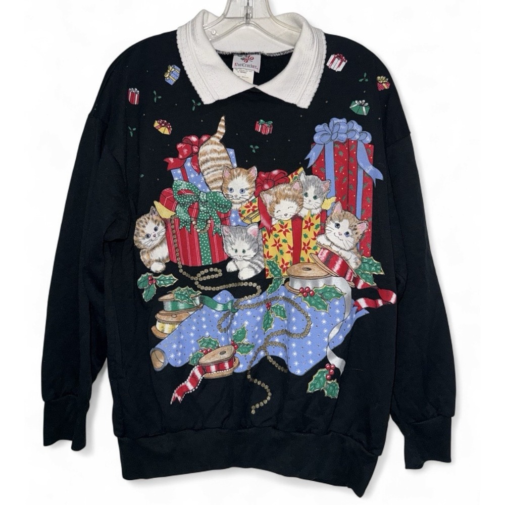 Vintage 80s NutCracker Christmas Cat Sweatshirt Collar L Kittens Grandmacore USA